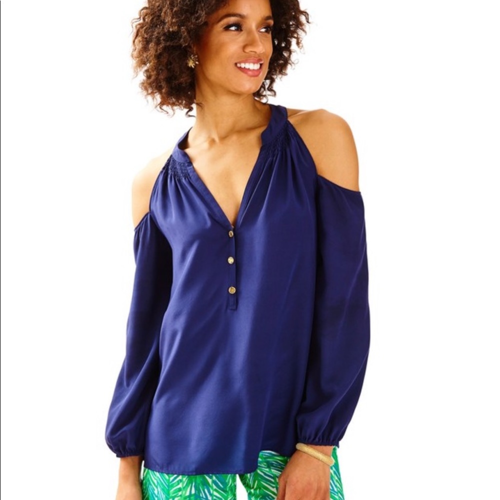 Lilly Pulitzer Navy True New Elsa S Open Shoulder Silk Blouse